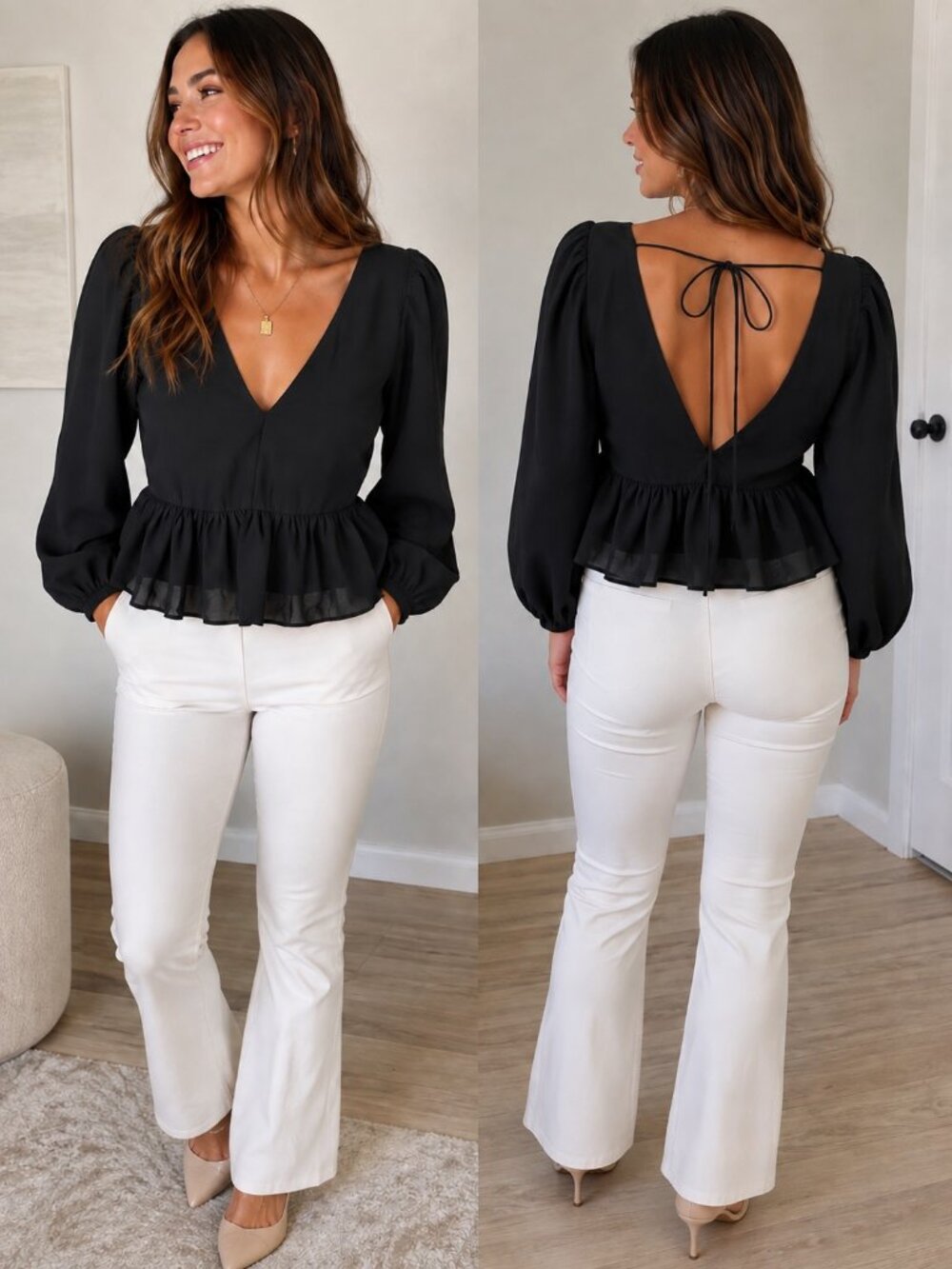 H&M Black Twist Front Peplum Blouse Women's Medium Long Sleeve